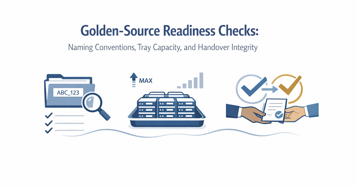 Golden-Source Readiness: Naming, Trays, Handover Integrity